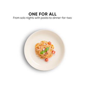 Plate of pasta with text 'ONE FOR ALL' on a white background