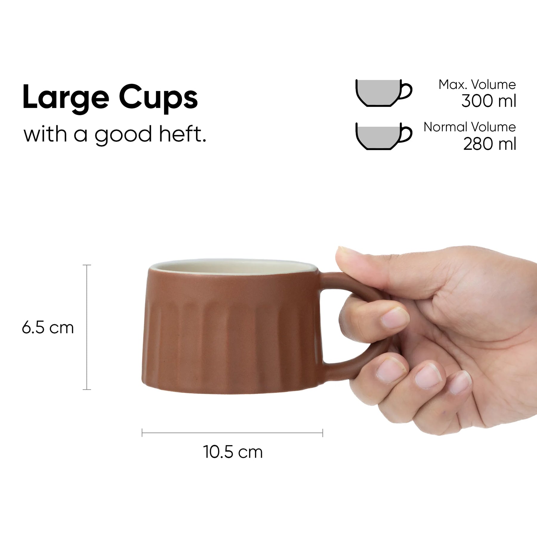 Brown mug held by a hand with measurements and volume details on a white background