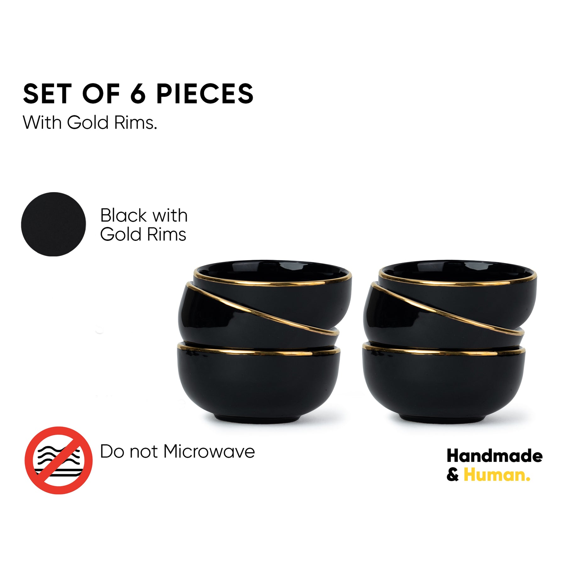 Ceramic Veg Bowls Set of 6 for Dinner | 180ml | Gold Line Collection