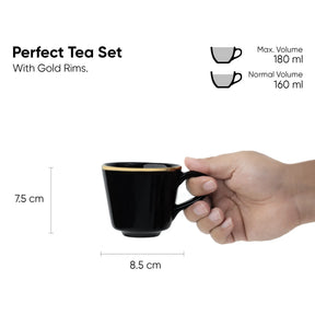 Black tea cup with gold rim held by a hand, showing dimensions and volume information on a white background.