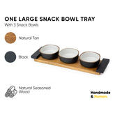 Snack bowl tray with three bowls on a wooden base, shown in natural tan and black colors.