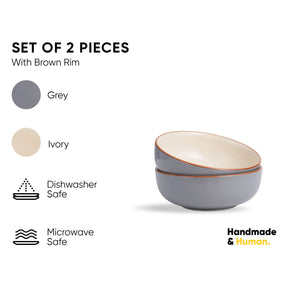 Set of two gray bowls with brown rim on a white background, featuring color options and safety information.