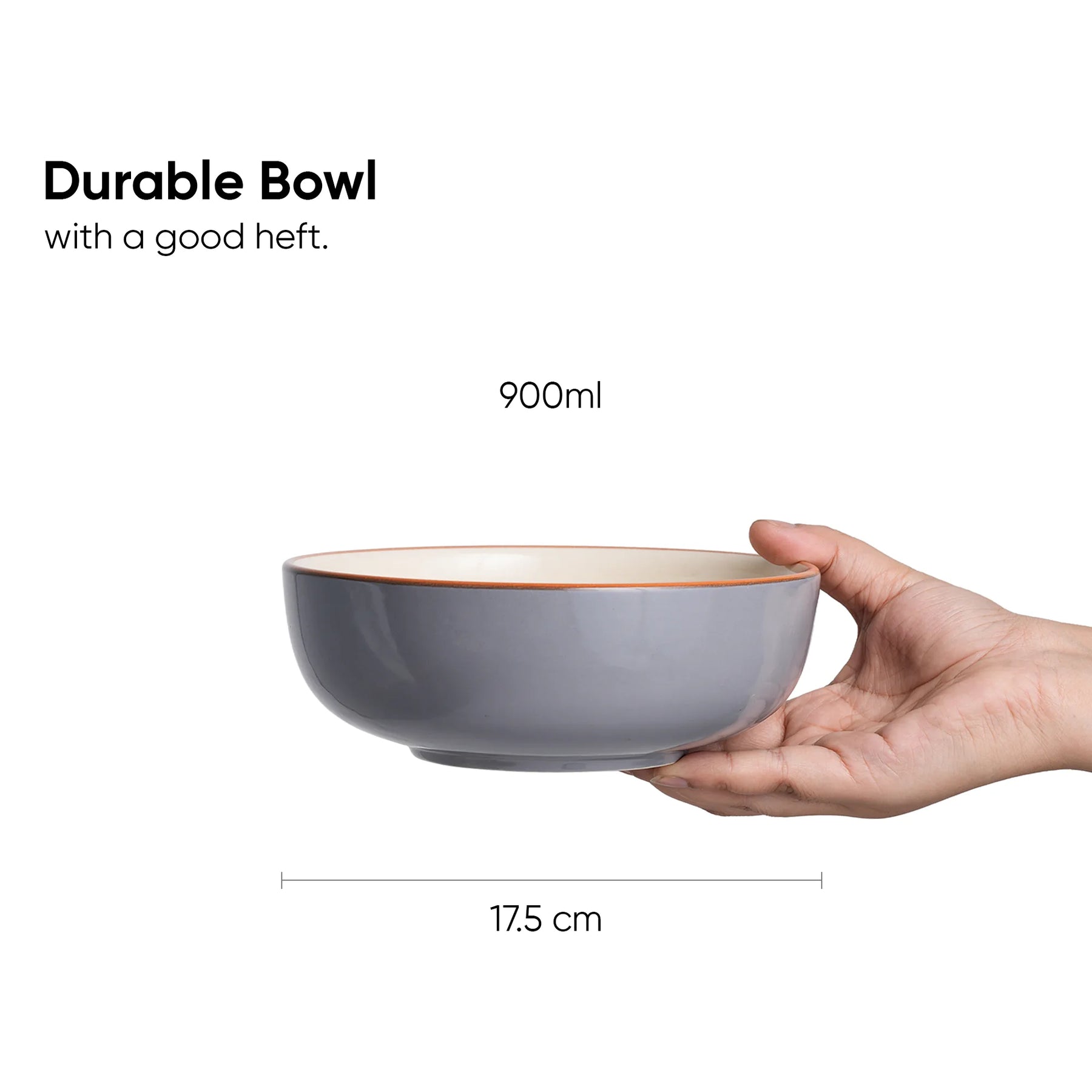 Gray bowl held by a hand with text indicating capacity and dimensions on a white background