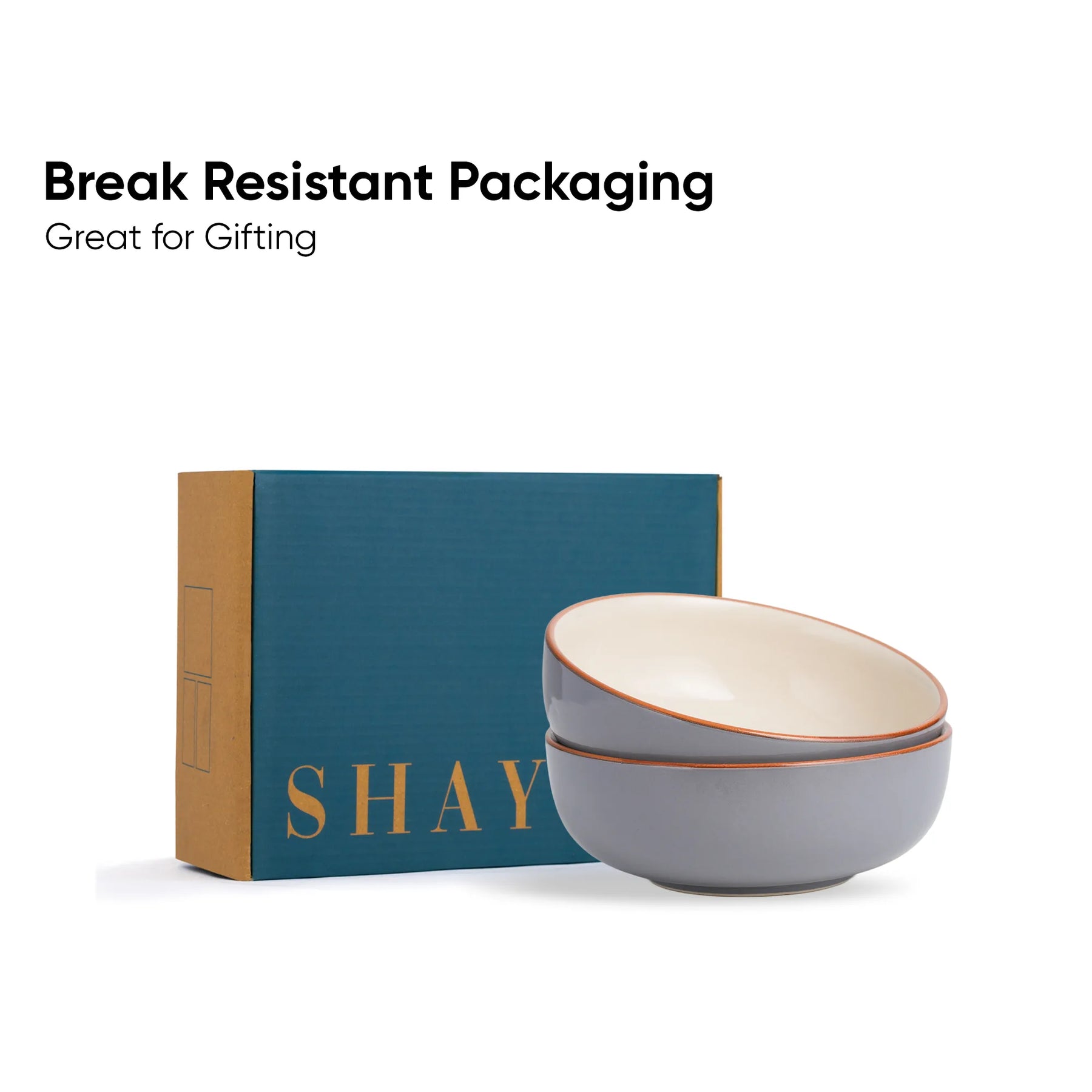 Gray bowl with beige interior on a blue 'SHAY' branded box, with text 'Break Resistant Packaging Great for Gifting'.