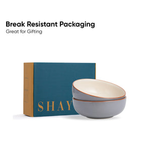Gray bowl with beige interior on a blue 'SHAY' branded box, with text 'Break Resistant Packaging Great for Gifting'.
