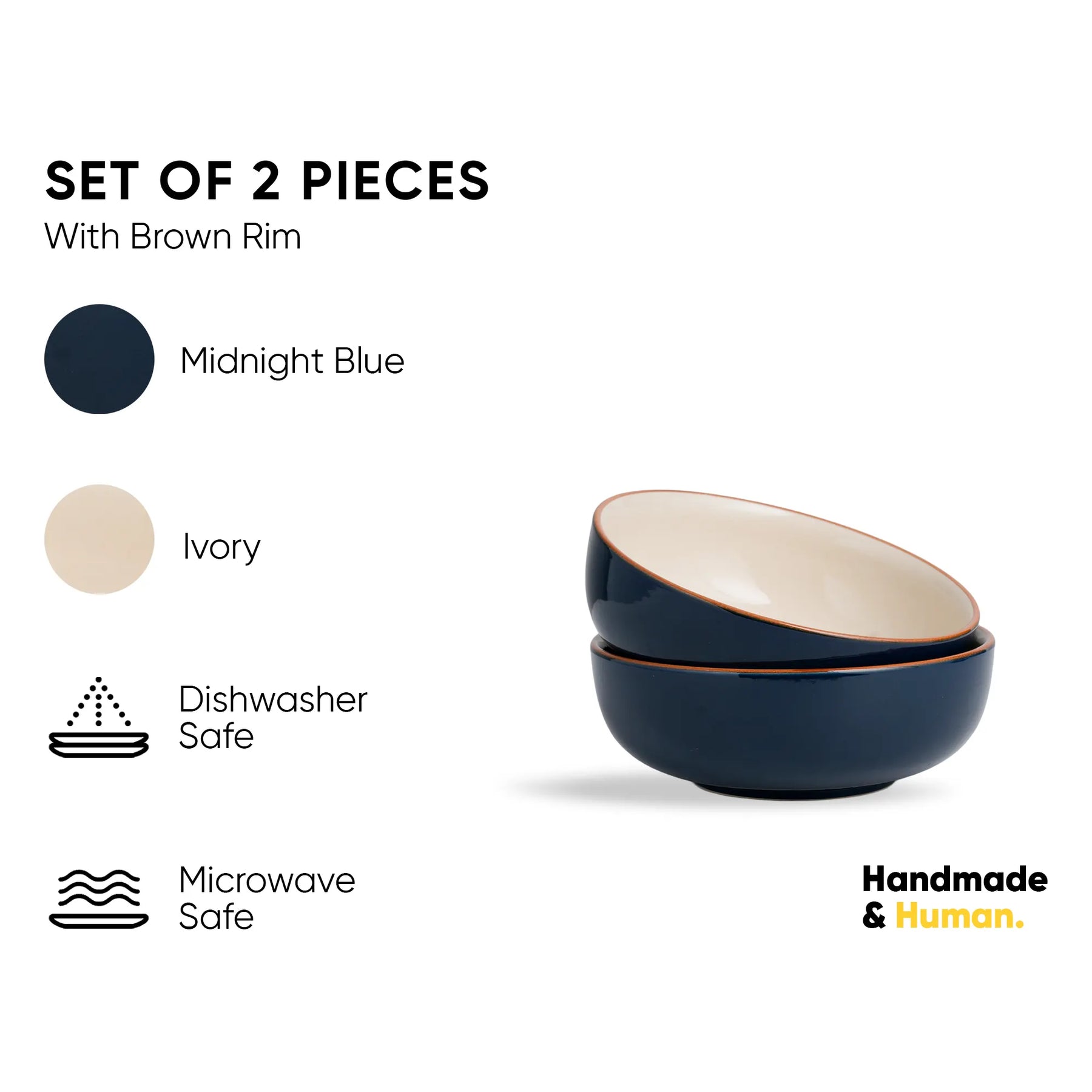 Set of two navy blue bowls with brown rim on a white background, featuring color options and safety information.