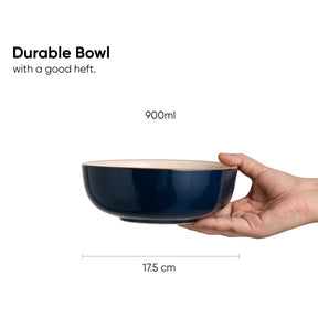 Navy blue bowl held by a hand with text indicating capacity and dimensions on a white background