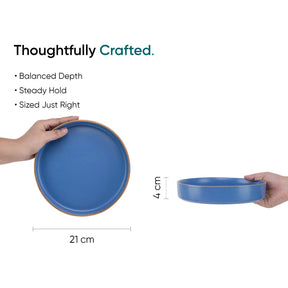 Blue ceramic dish held by a hand with dimensions and text about craftsmanship on a white background.