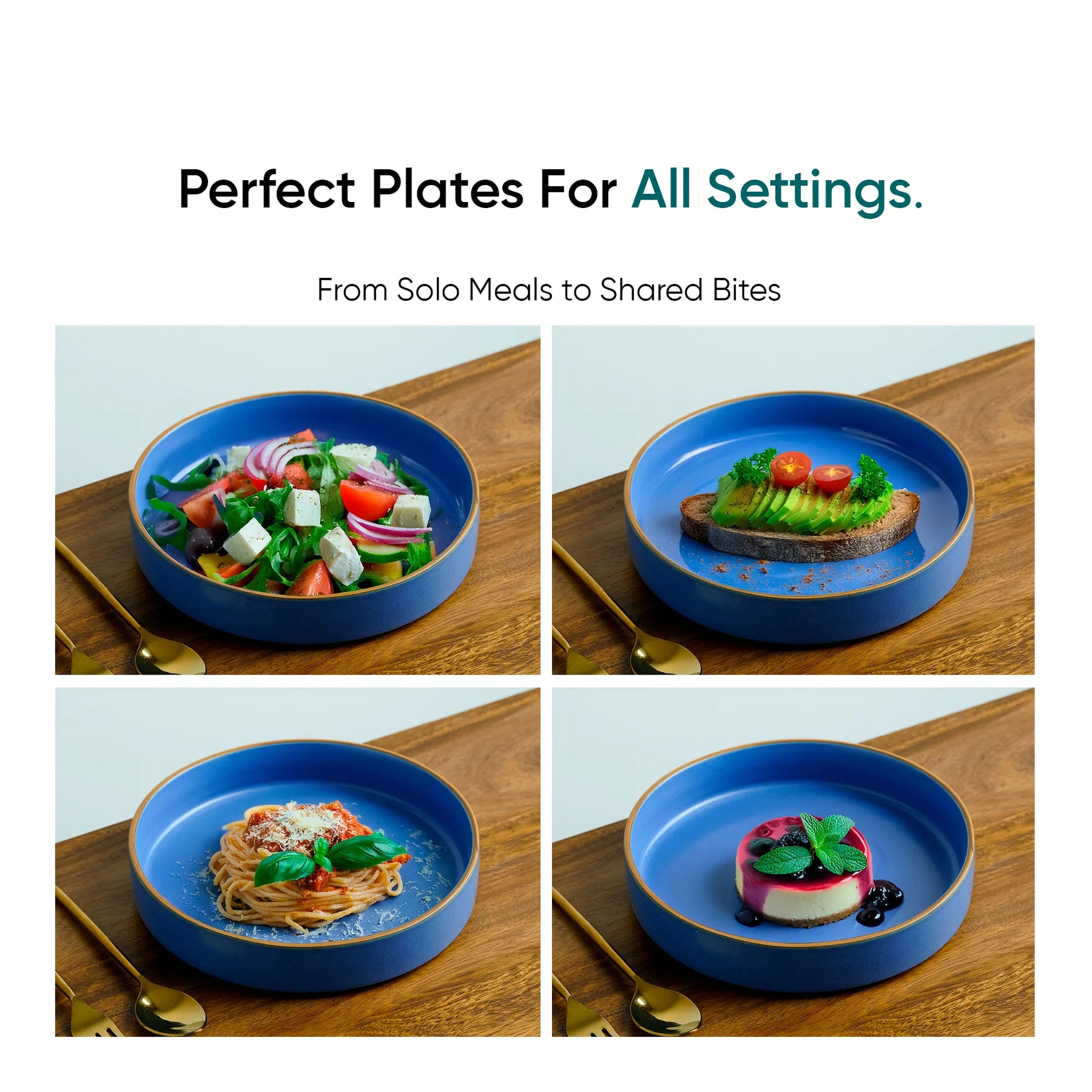 Collage of blue plates with various dishes on a wooden surface, promoting versatile meal settings.