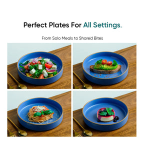 Collage of blue plates with various dishes on a wooden surface, promoting versatile meal settings.