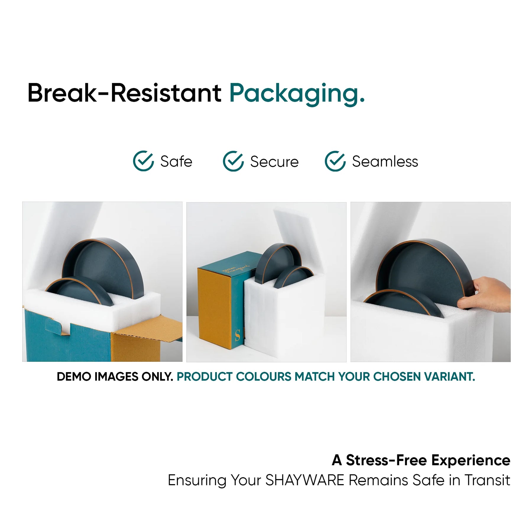 Advertisement for break-resistant packaging with images of products in boxes.