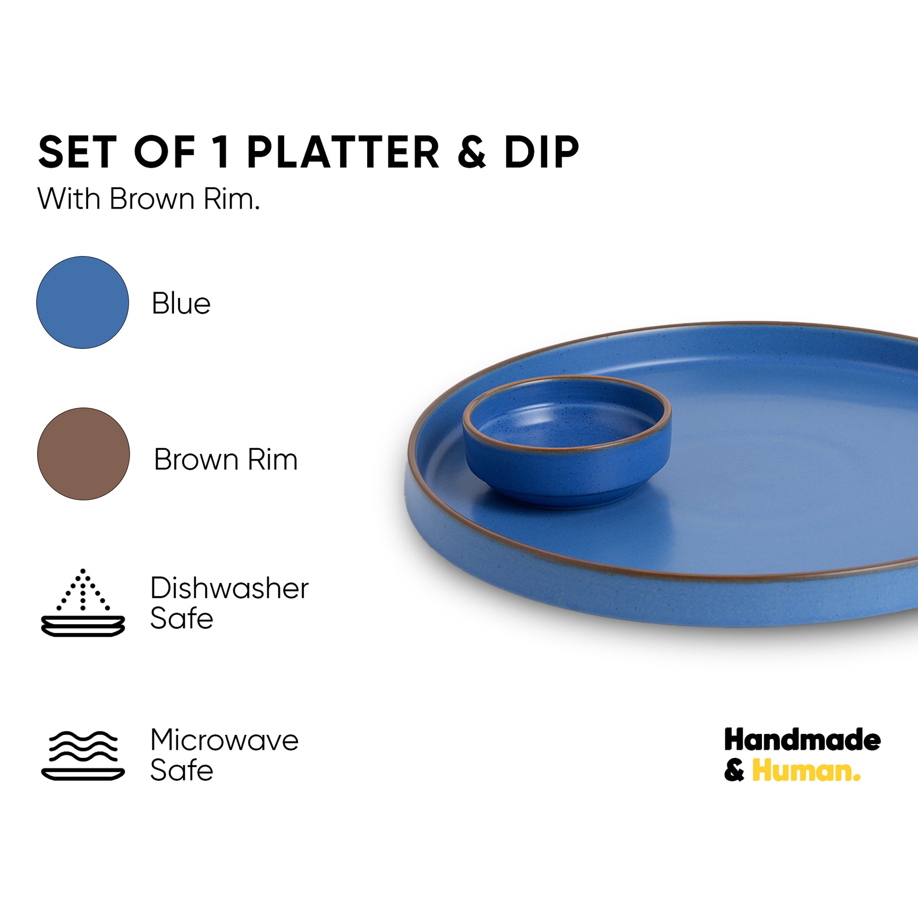 Japandi Ceramic Platter with Dip Bowl – Blue, Large