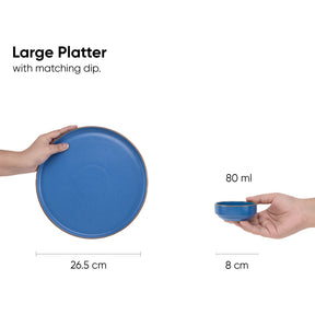 Japandi Ceramic Platter with Dip Bowl – Blue, Large
