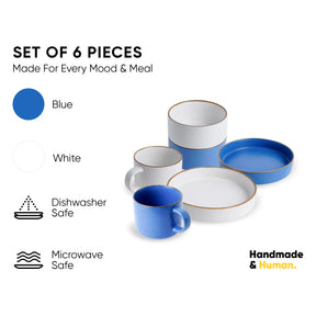 Set of 6 blue and white ceramic dishes with text indicating features on a white background.