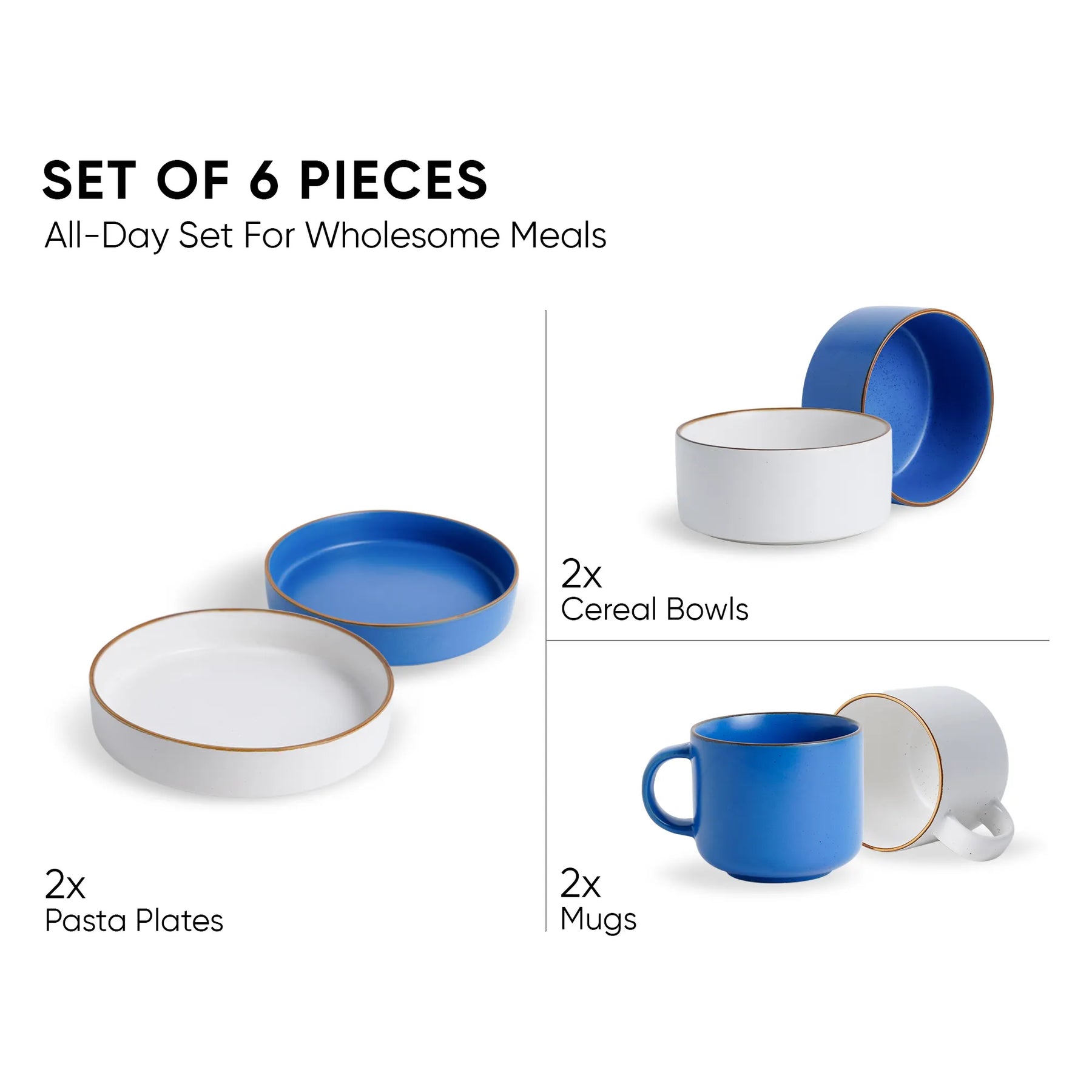 Set of 6 ceramic dinnerware pieces including plates, bowls, and mugs on a white background.