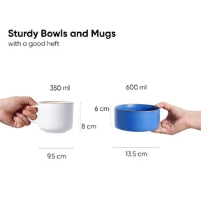 Comparison of a white mug and a blue bowl held by hands, with measurements displayed.