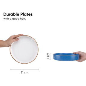 Two plates, one white and one blue, held by hands with measurements displayed.