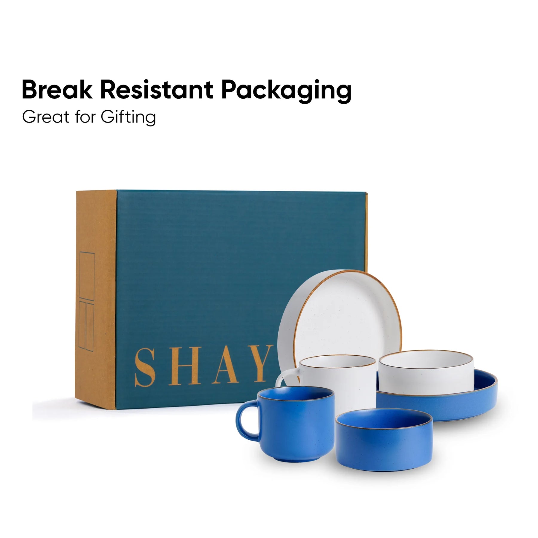 Ceramic set with 'SHAY' branded box, featuring break-resistant packaging.