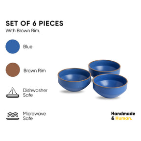 Ceramic Veg Bowls Set of 6 for Dinner | 180ml | Blue | Japandi Collection