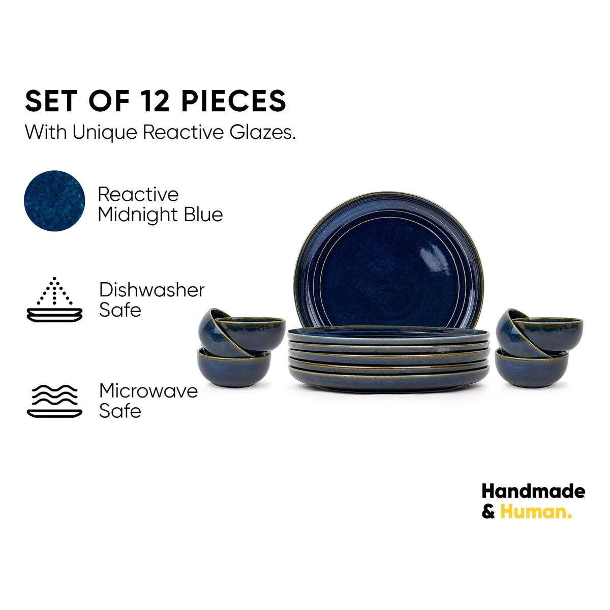 Set of 12 blue ceramic dinnerware pieces with reactive glazes on a white background.