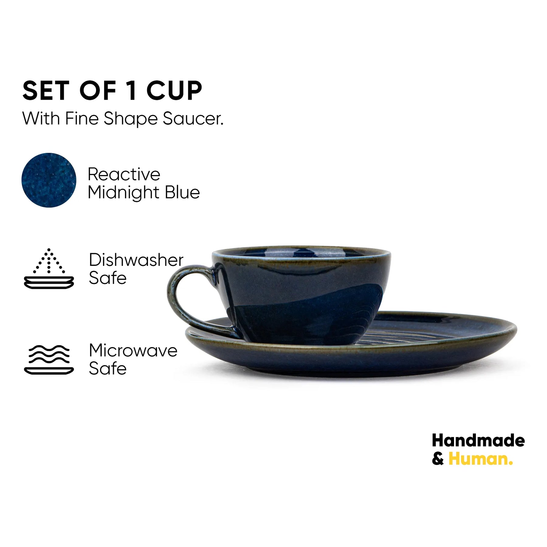 Set of 1 cup with fine shape saucer in reactive midnight blue on a white background.