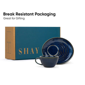 Blue ceramic set with 'SHAY' branded box on a white background