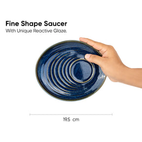 Blue ceramic saucer held by a hand with text describing its features on a white background