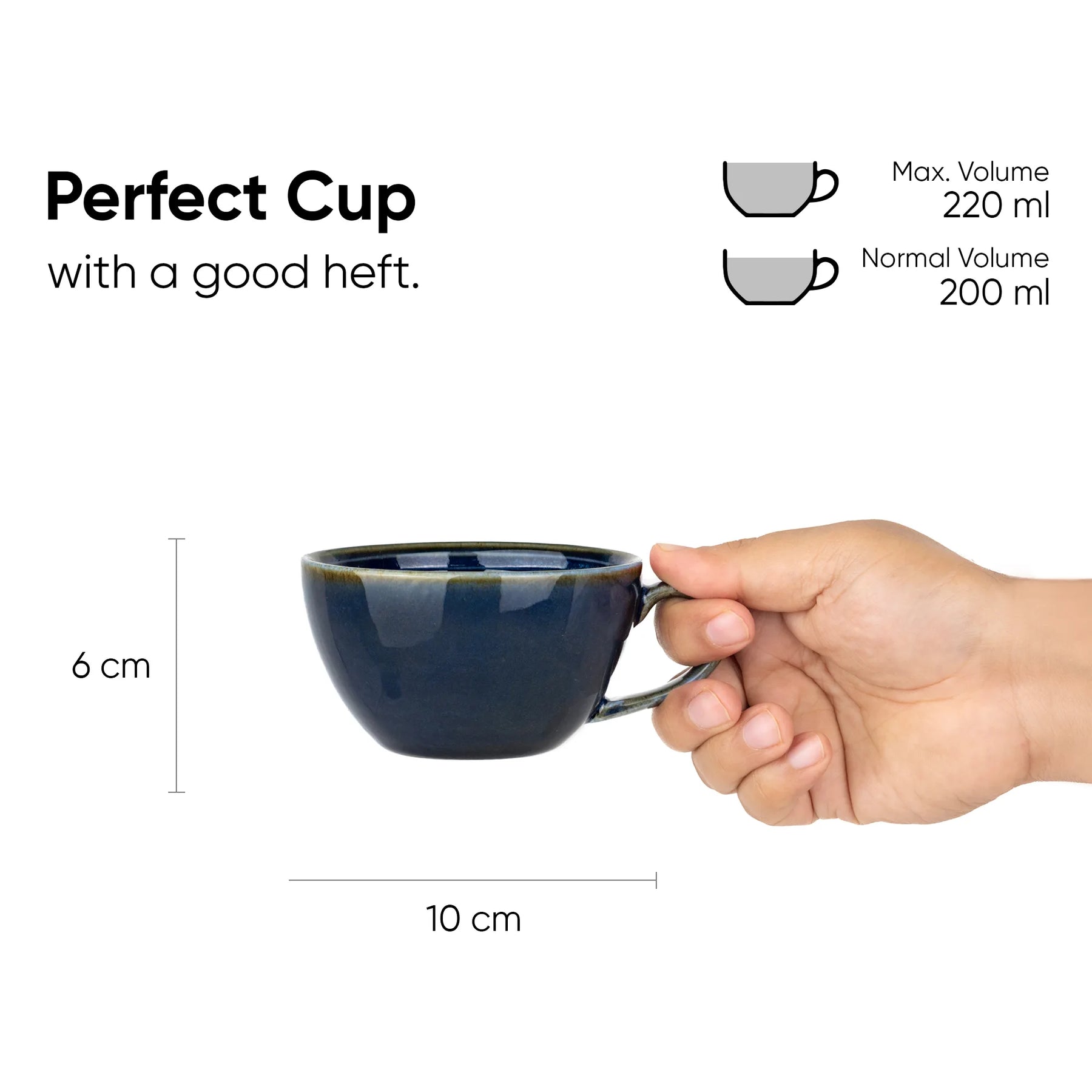 Blue mug held by a hand with measurements and volume details on a white background