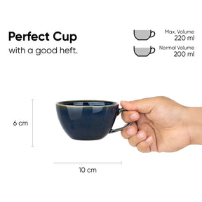Blue mug held by a hand with measurements and volume details on a white background