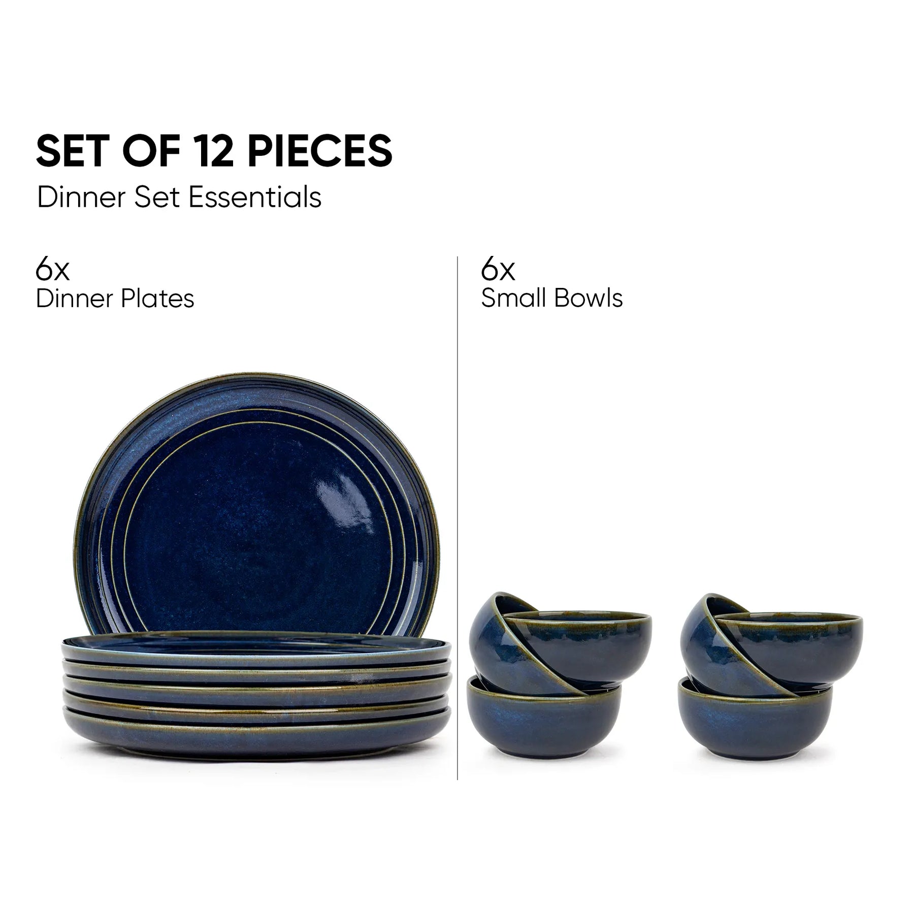 Set of 12 blue ceramic dinnerware pieces including 6 dinner plates and 6 small bowls on a white background.