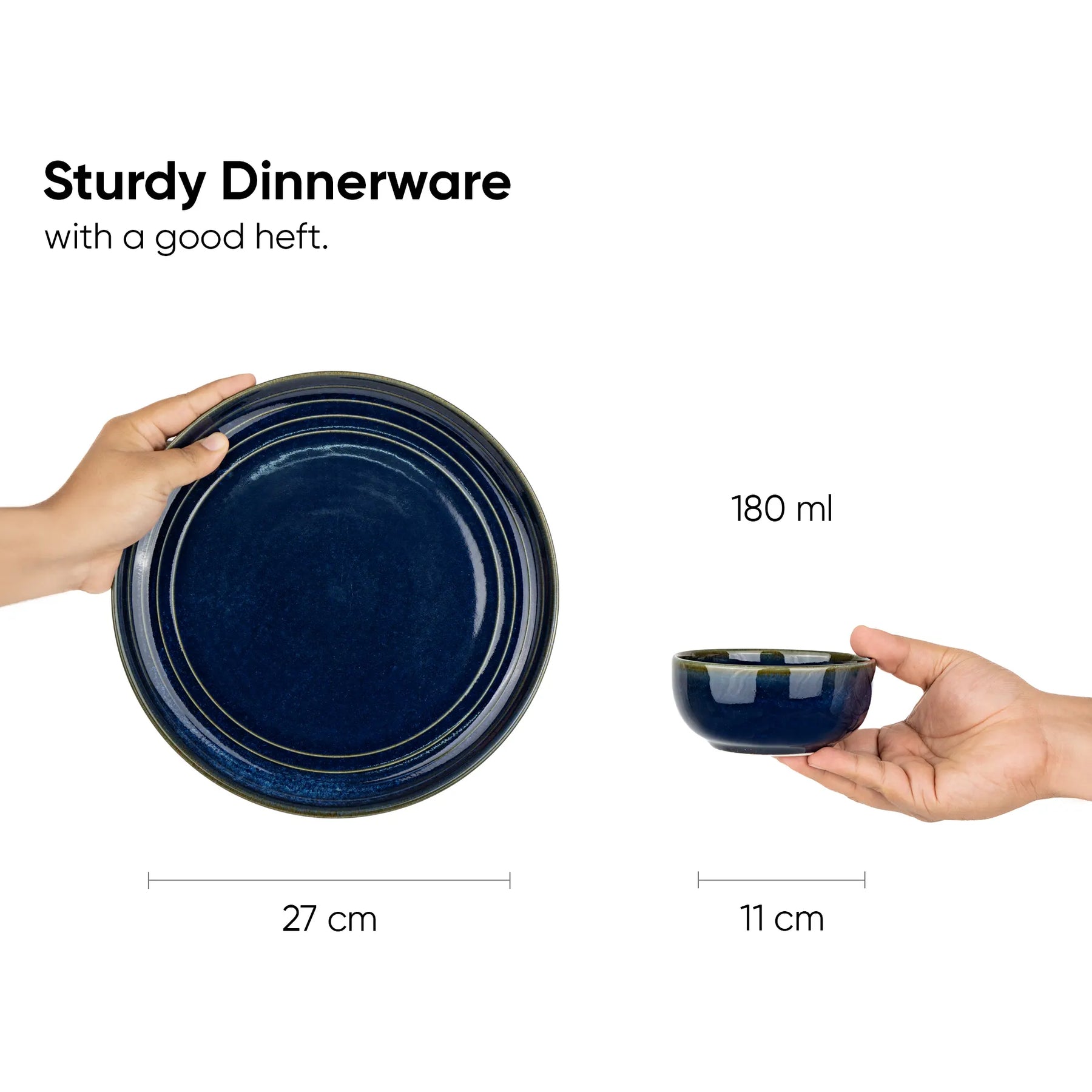 Navy blue dinnerware set held by hands with measurements displayed.