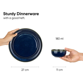 Navy blue dinnerware set held by hands with measurements displayed.