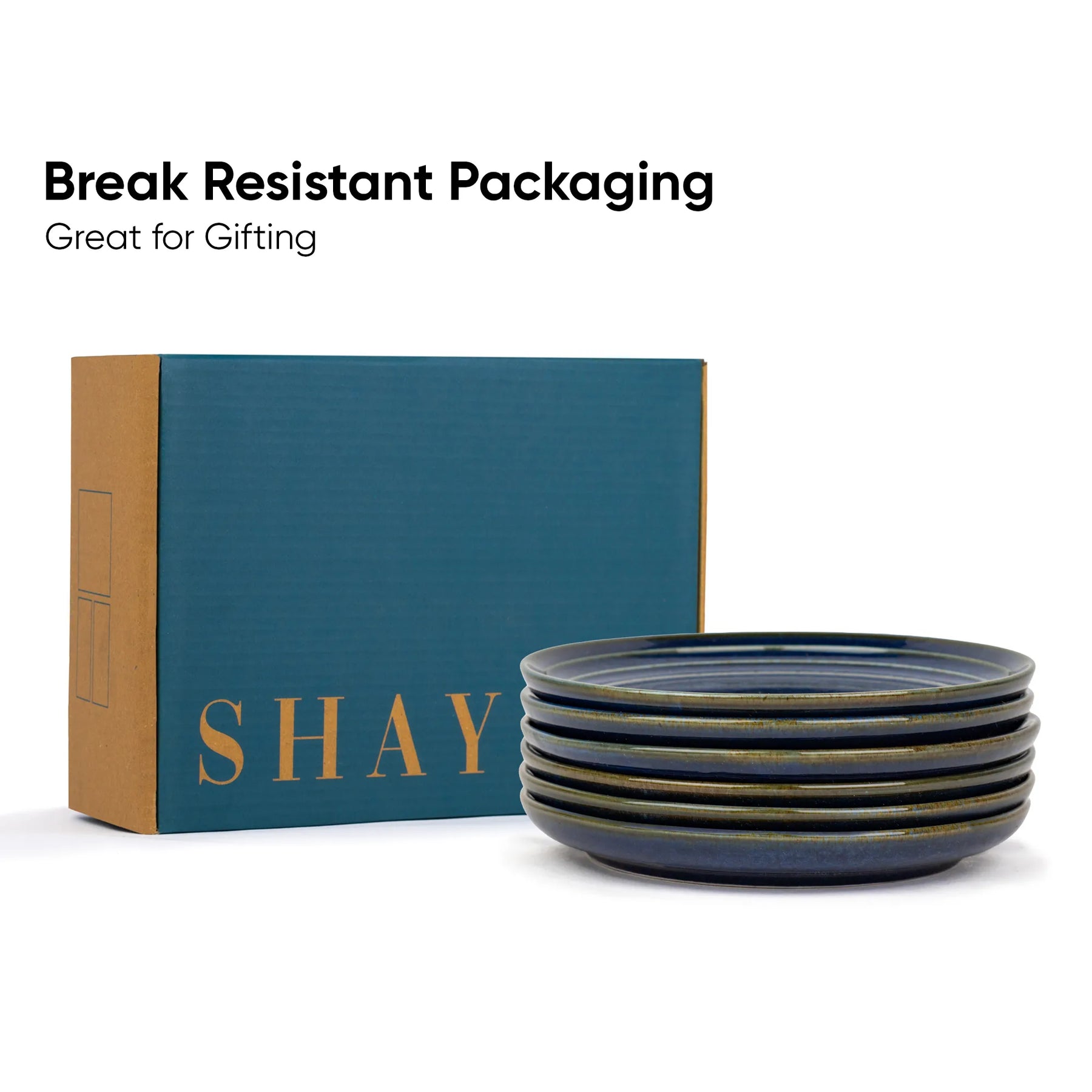Set of blue ceramic bowls with 'SHAY' branded box on a white background