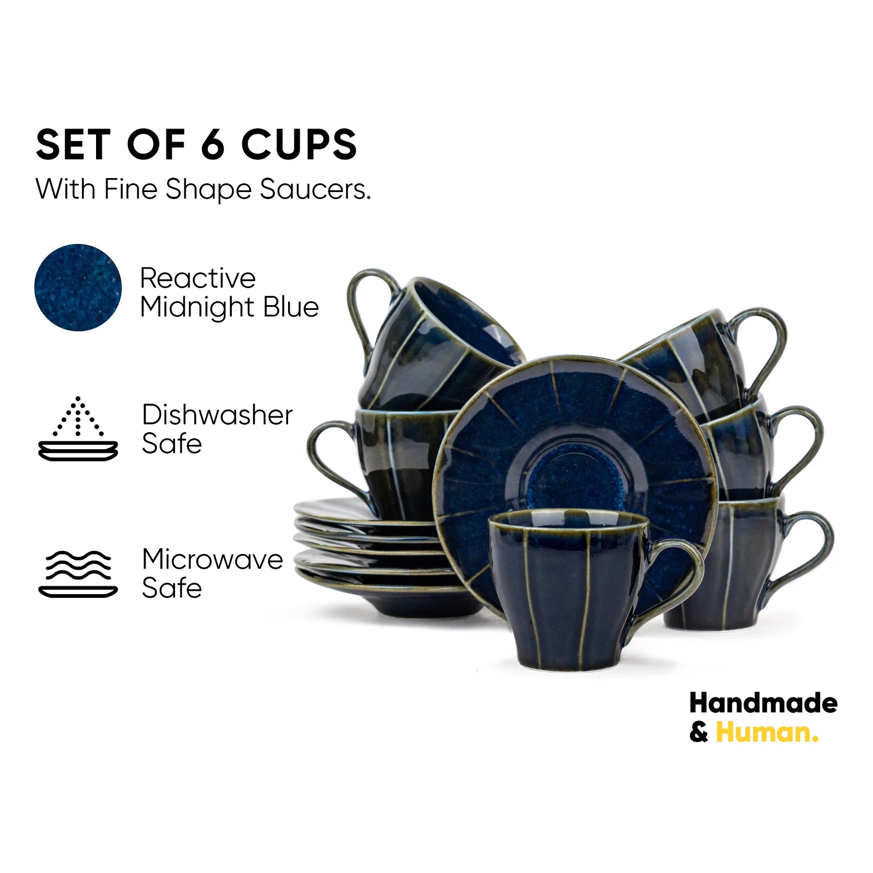 Set of 6 reactive midnight blue cups with saucers on a white background, featuring icons for dishwasher and microwave safety.