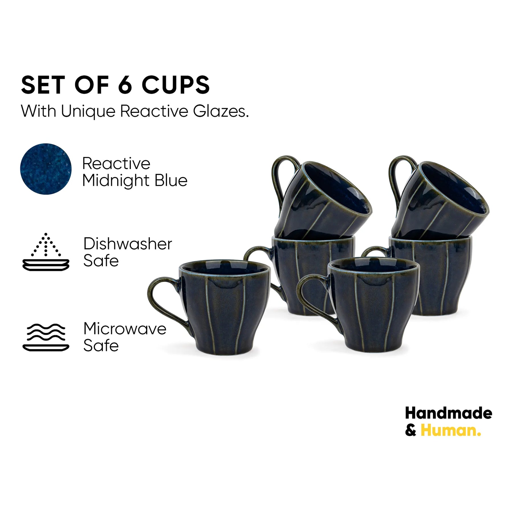 Set of six reactive glaze cups on a white background with product details.