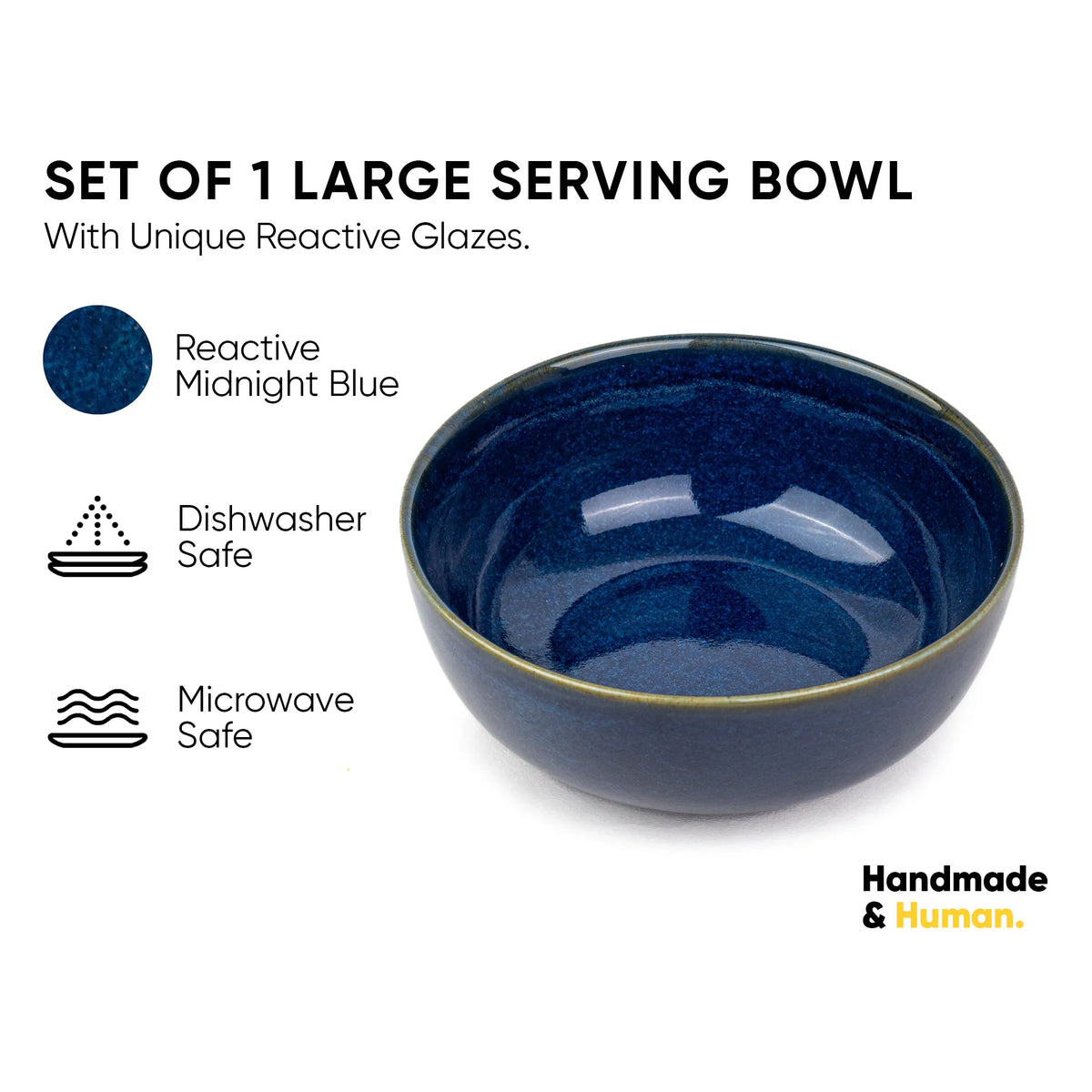 Blue serving bowl with reactive glaze on a white background, featuring text about safety and origin.