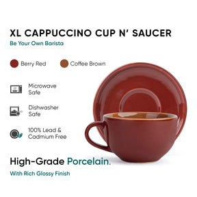 Red cappuccino cup and saucer set with product details on a white background