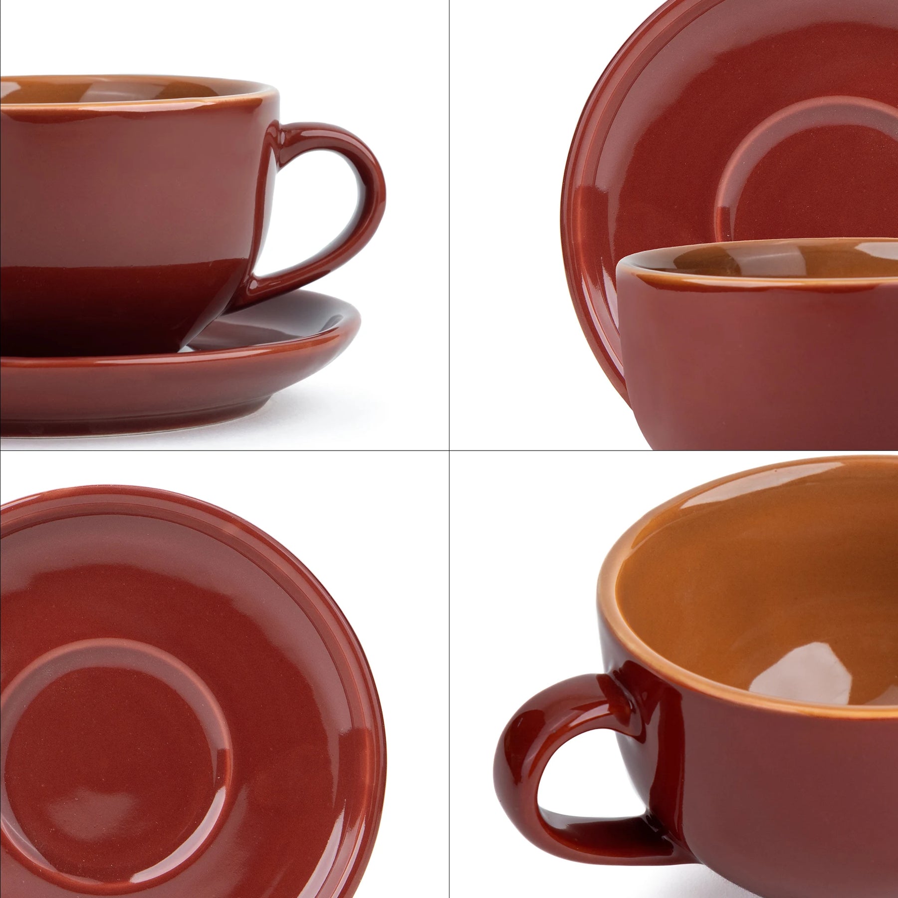 Set of red ceramic cups and saucers on a white background