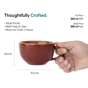 Red mug held by a hand with measurements and product features on a white background