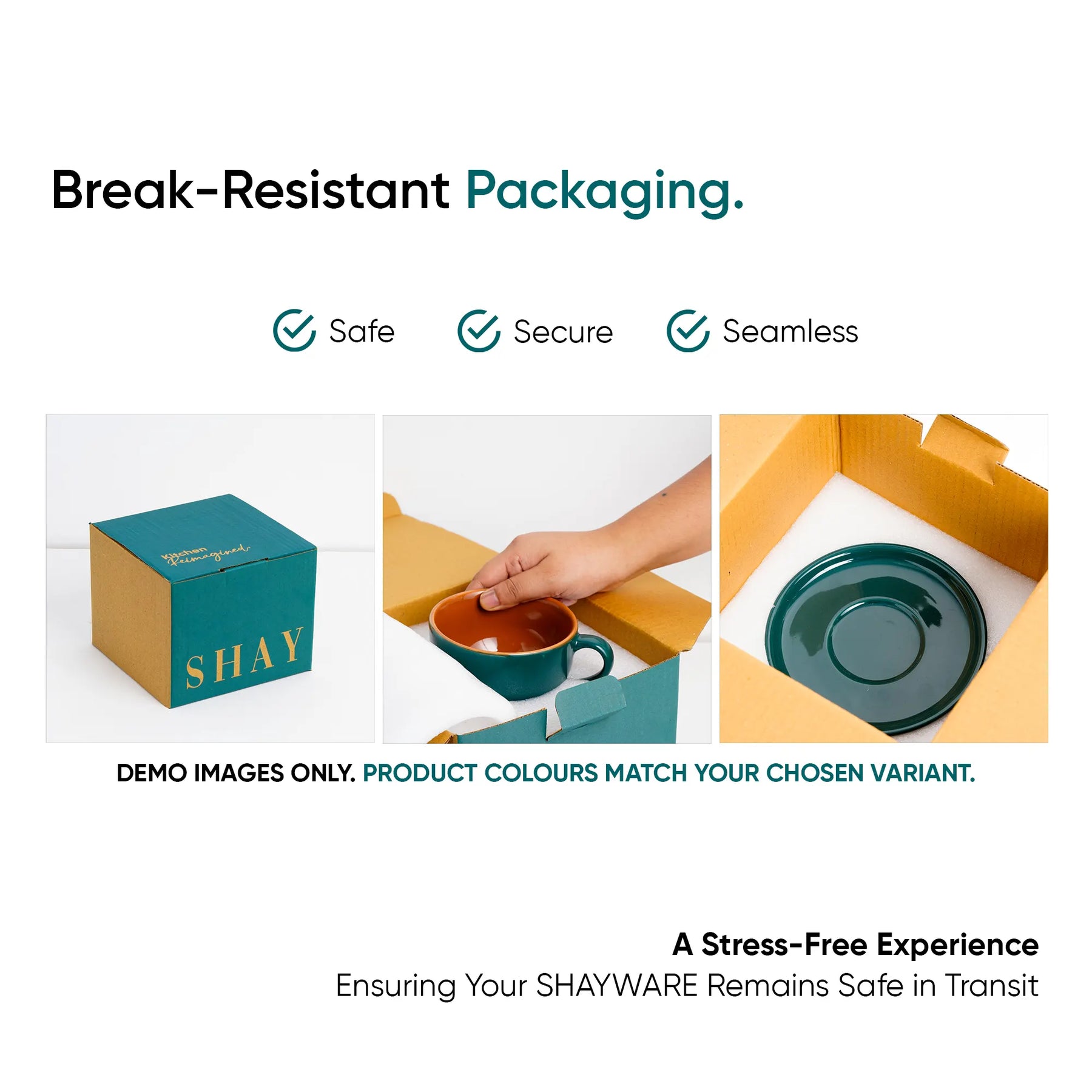 Advertisement for break-resistant packaging with SHAY branding, showing a box, a hand placing a mug into a box, and a mug inside a box.