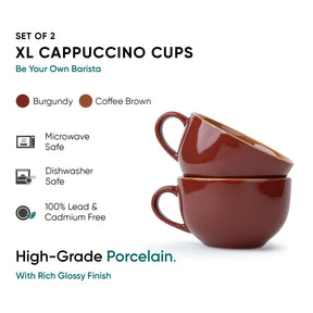 Set of 2 XL Cappuccino Cups in Burgundy and Coffee Brown on a white background.