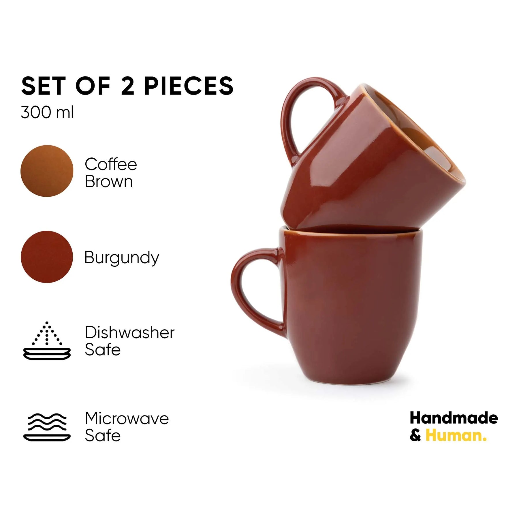 Set of two brown mugs with color options and safety features on a white background