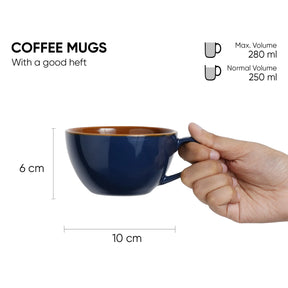 Blue coffee mug held by a hand with measurements and volume details on a white background