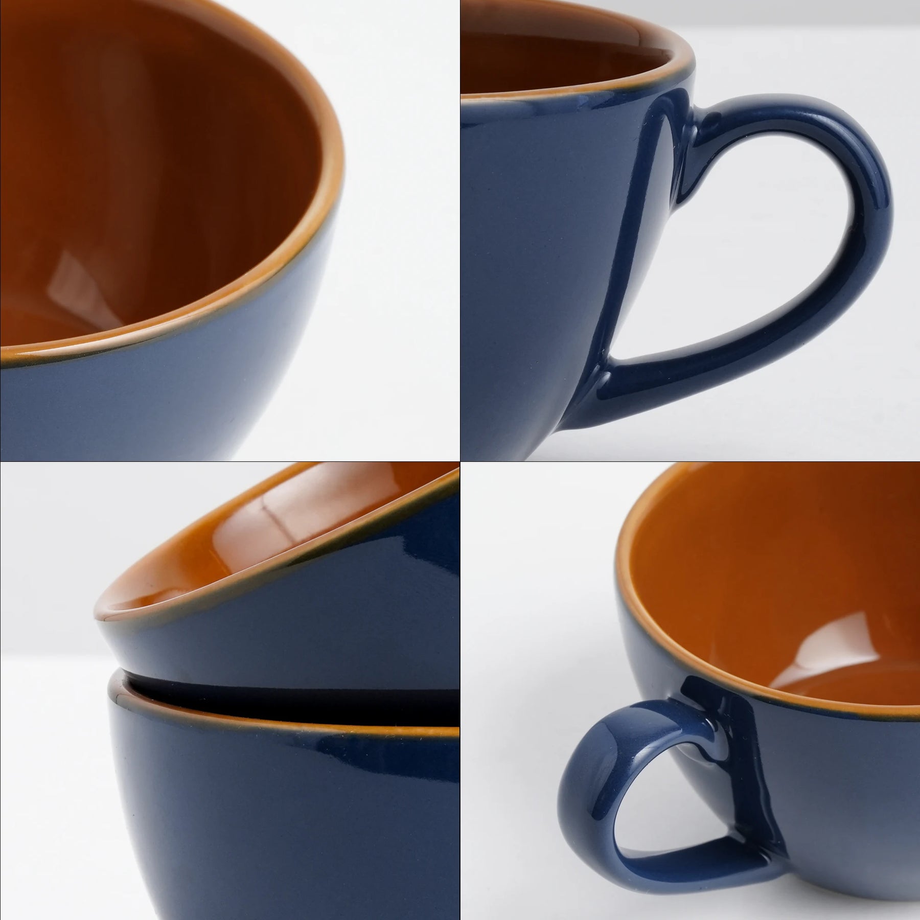 Four views of a blue and brown ceramic cup on a white background