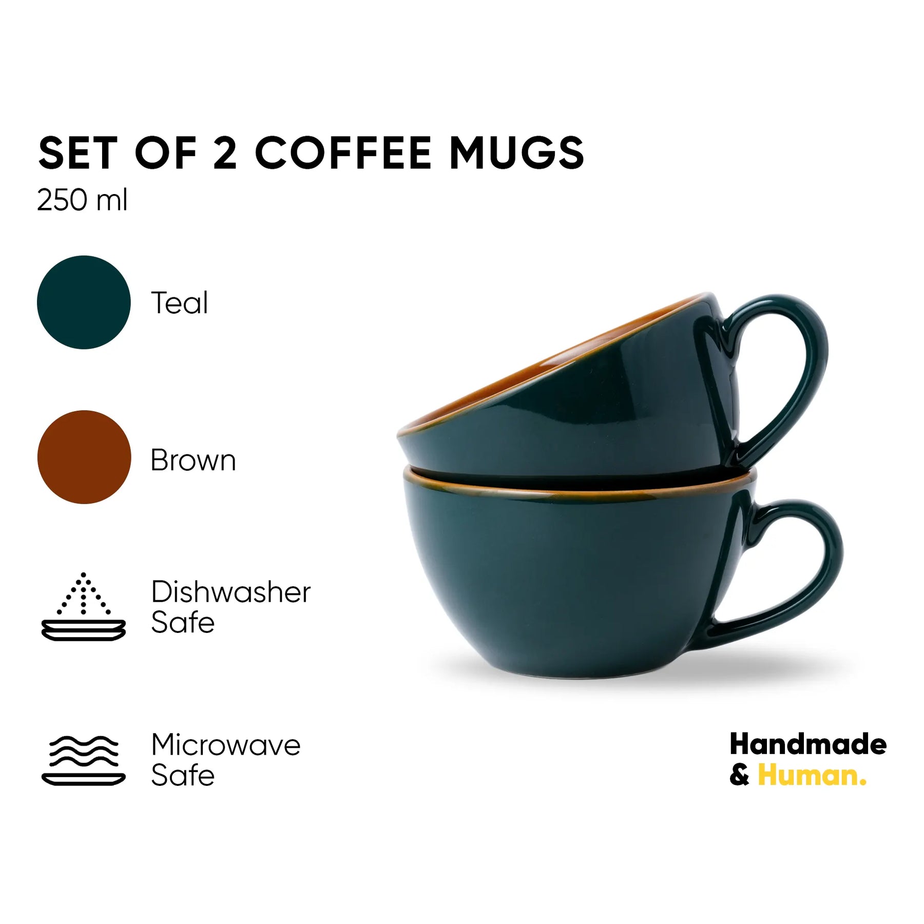 Set of 2 teal coffee mugs with brown interior, labeled as dishwasher and microwave safe, on a white background.