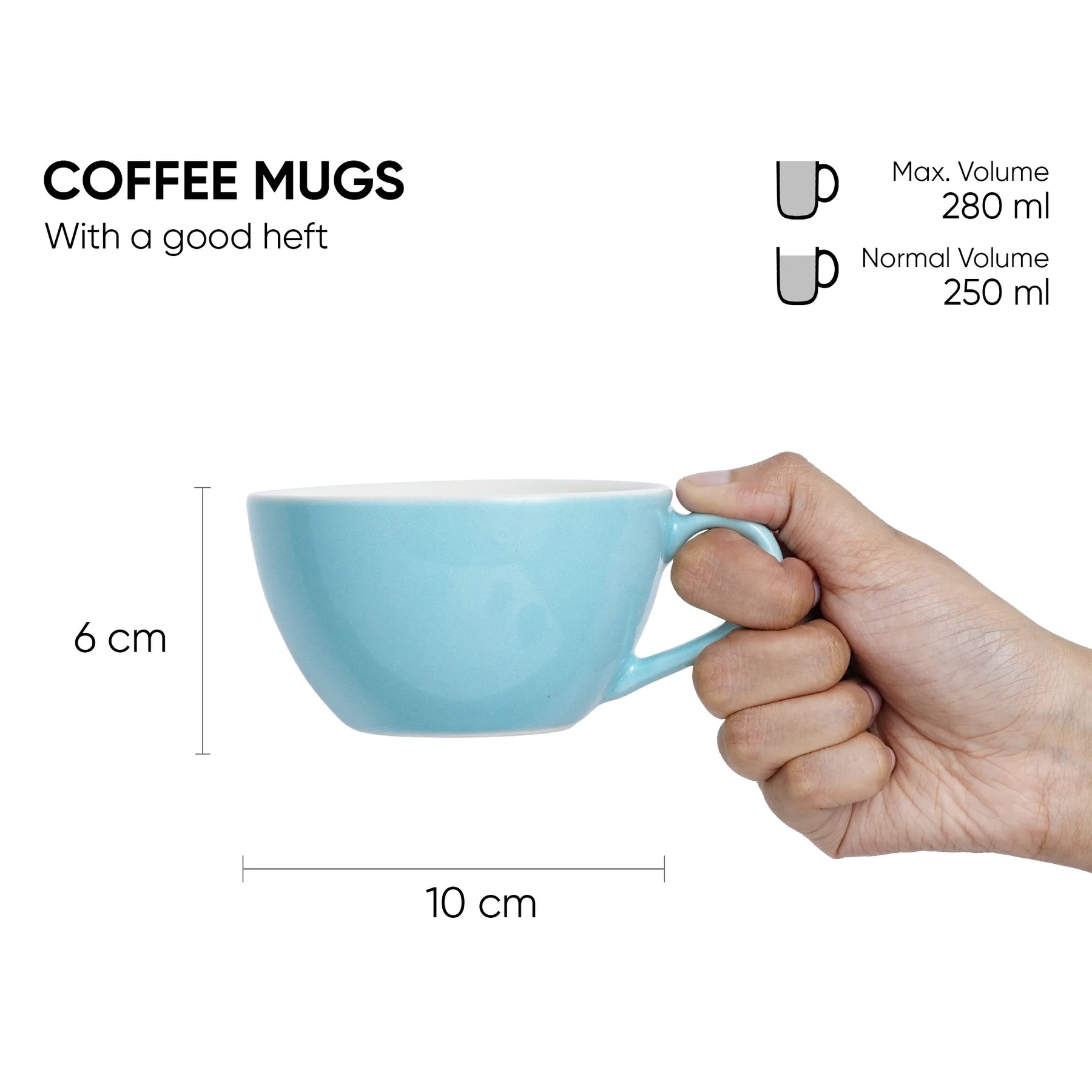 Hand holding a blue coffee mug with measurements and volume details on a white background