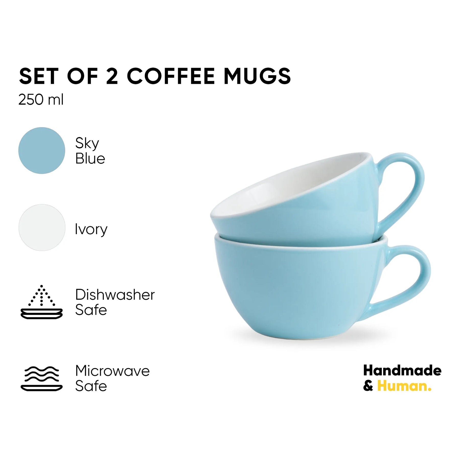 Set of 2 sky blue coffee mugs with color options and safety features on a white background.