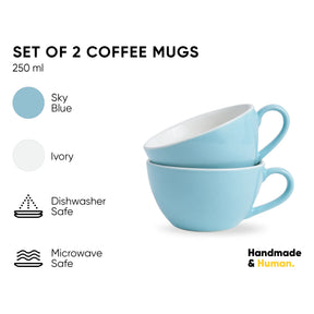 Set of 2 sky blue coffee mugs with color options and safety features on a white background.