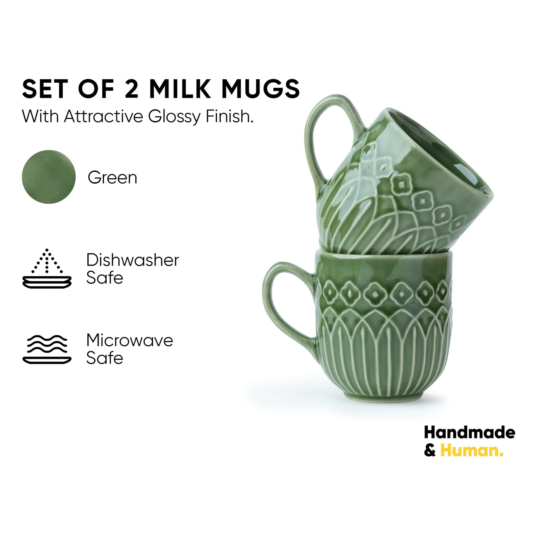 Set of two green milk mugs with decorative patterns on a white background, featuring text about material properties and branding.