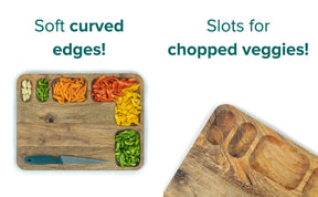 Wooden cutting board with compartments for chopped vegetables and soft curved edges.